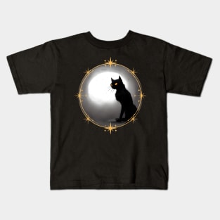 Mysterious black cat full moon in dark atmosphere with stars frame Kids T-Shirt